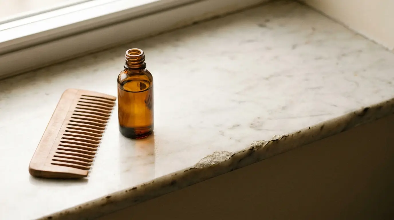 Amber glass bottle and wooden comb on marble windowsill in natural light