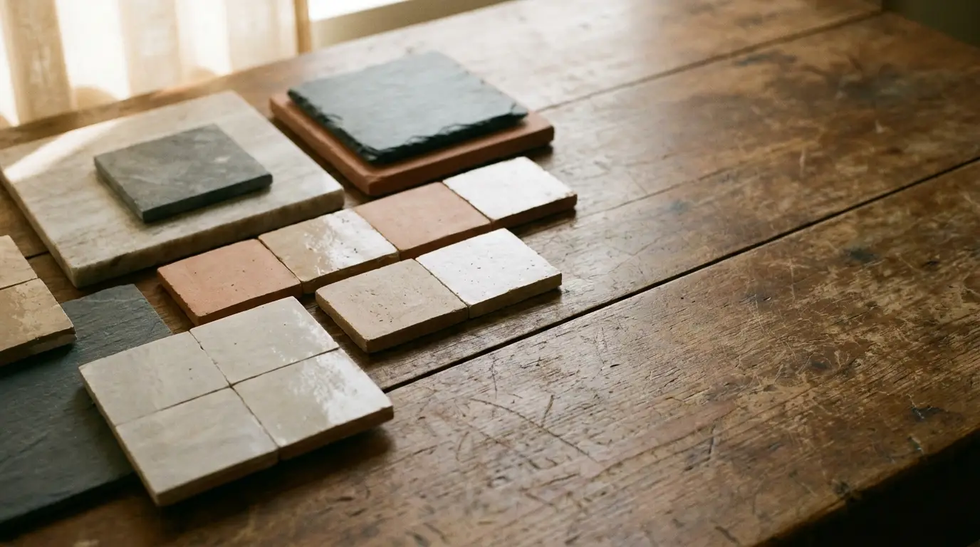 Assorted ceramic tiles arranged on rustic wooden table in natural light