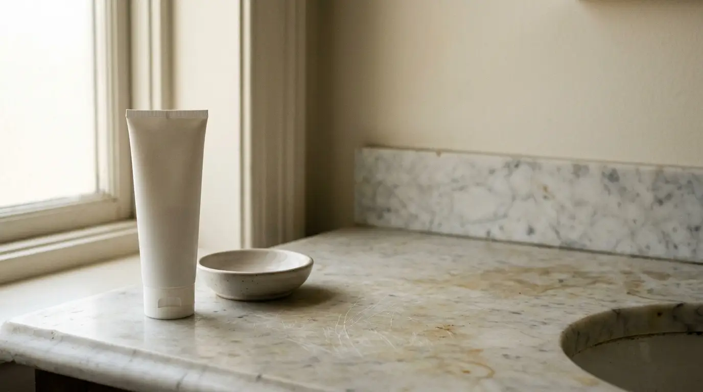 White lotion tube and ceramic dish on marble bathroom countertop in natural light