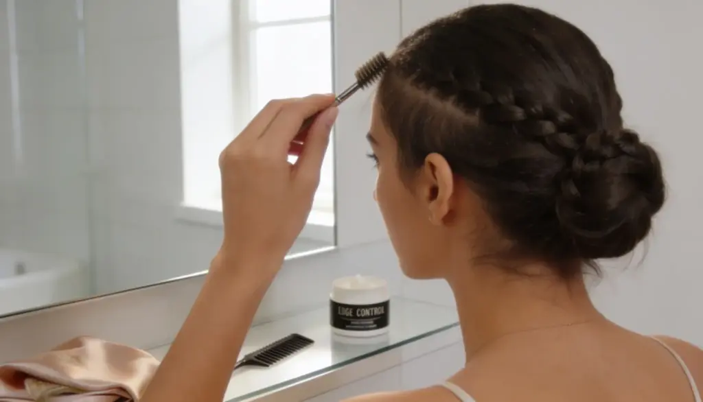 A person gently styling their hair edges with a edge brush in front of a bathroom mirror.