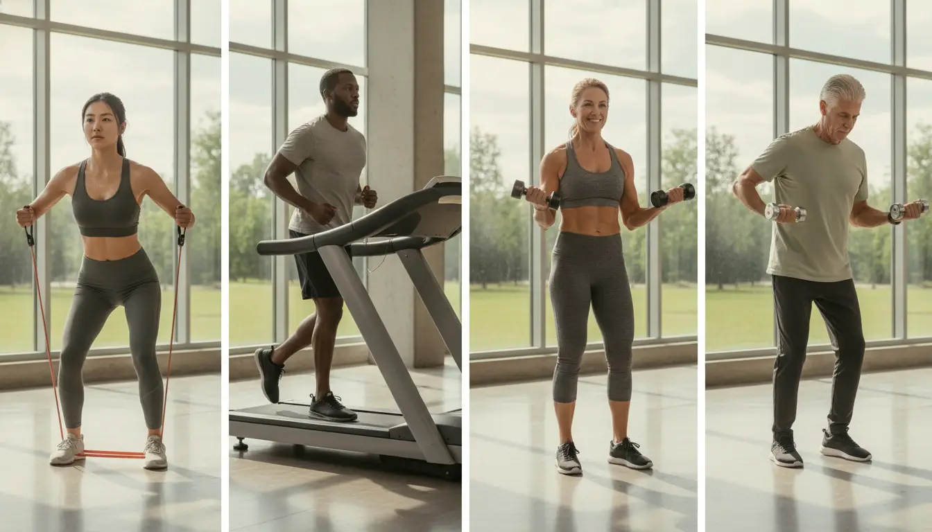 Four people exercising in a gym with large windows and natural daylight