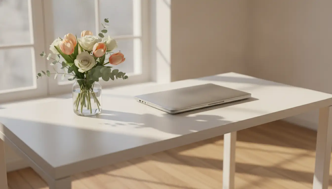 Laptop on white table with vase of flowers in bright sunlit room
