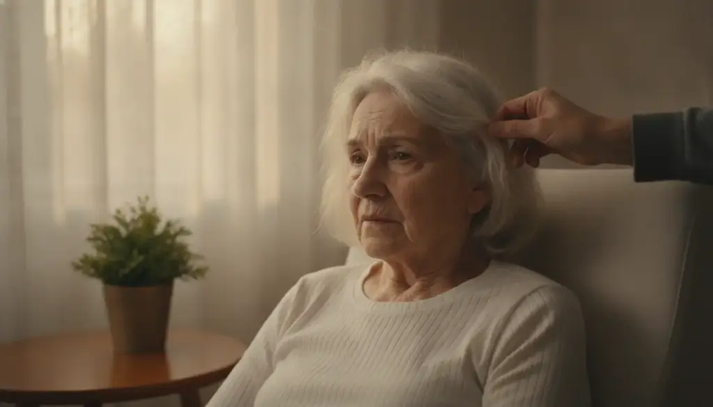 Elderly woman with white hair being gently touched indoors next to a potted plant