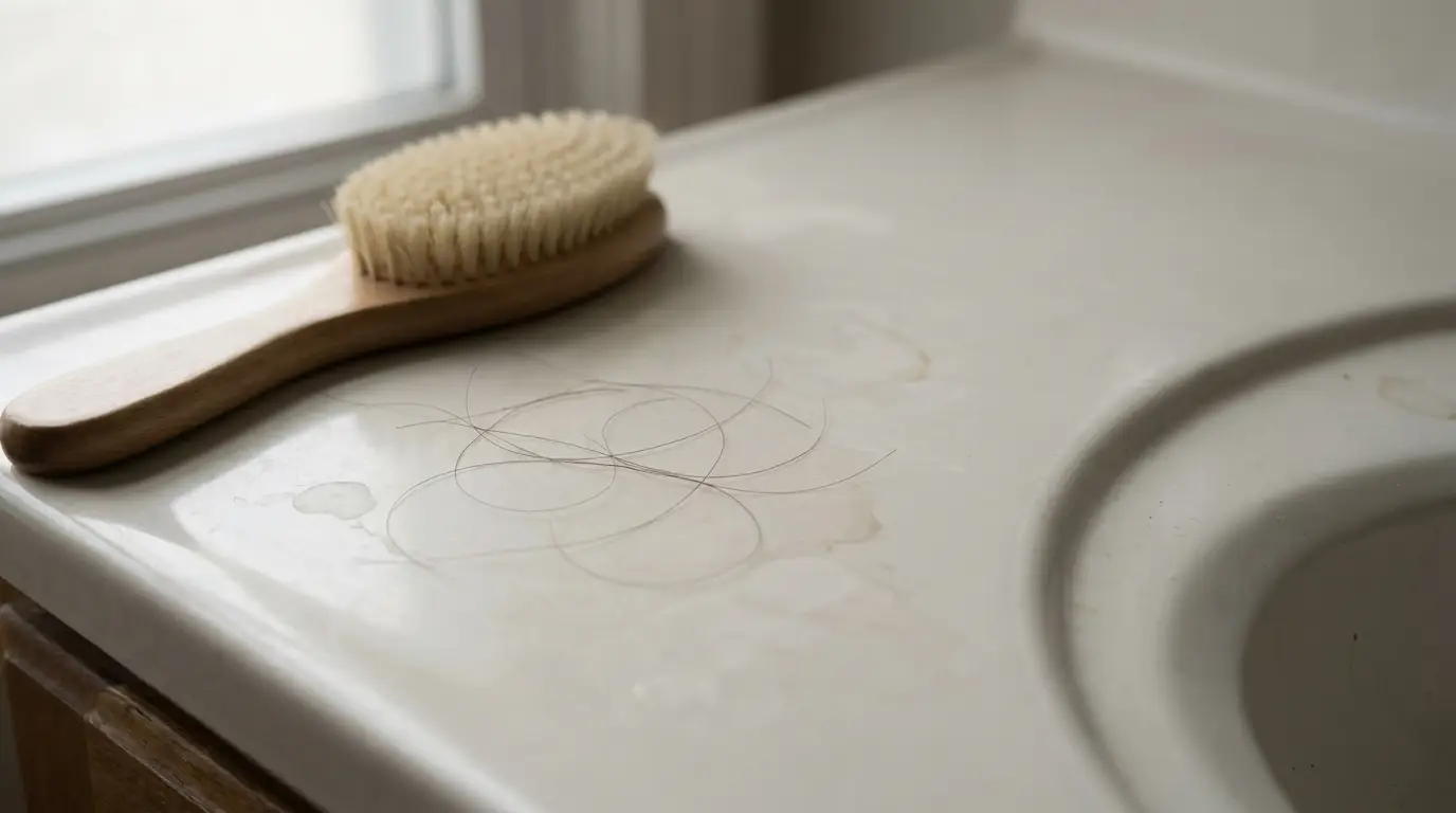 Wooden brush and strands of hair on white bathroom sink countertop
