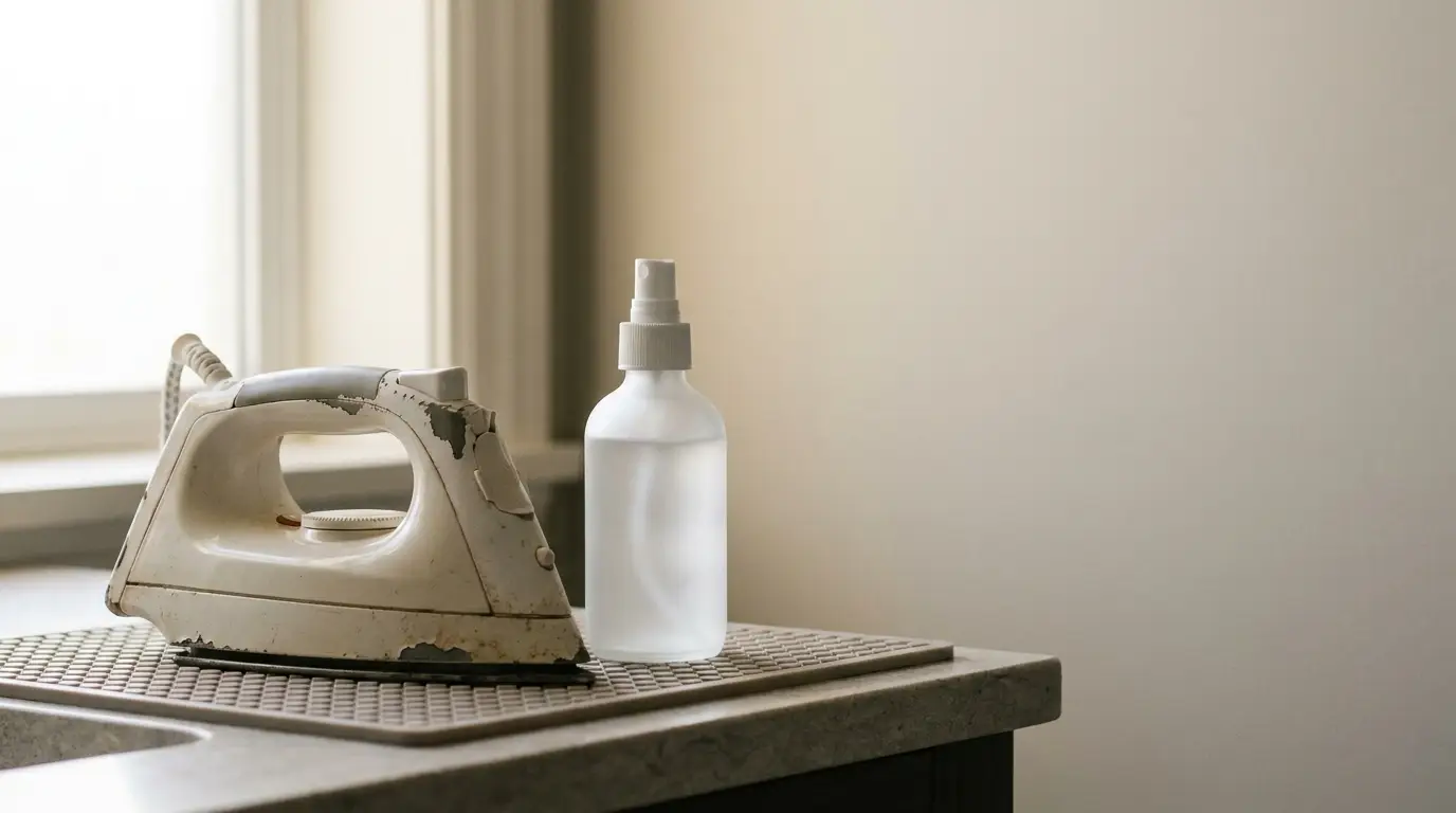 Vintage iron and spray bottle on textured mat with soft natural lighting