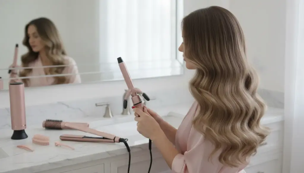 Woman styling long wavy hair with pink curling iron in bright bathroom