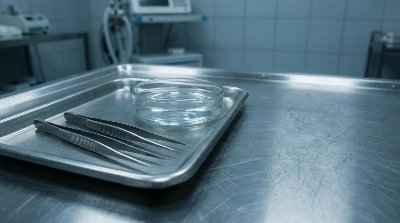 Stainless steel tray with tweezers and petri dish on metal table in laboratory setting
