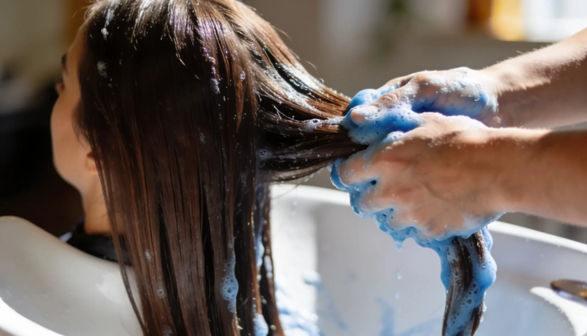 Hairdresser applying blue shampoo to brunette hair at a salon to neutralize orange brassiness.