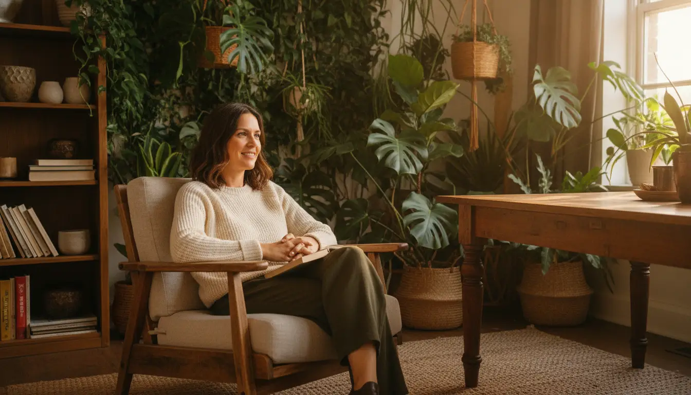 Woman in cozy sweater sitting in armchair in plant-filled sunlit living room