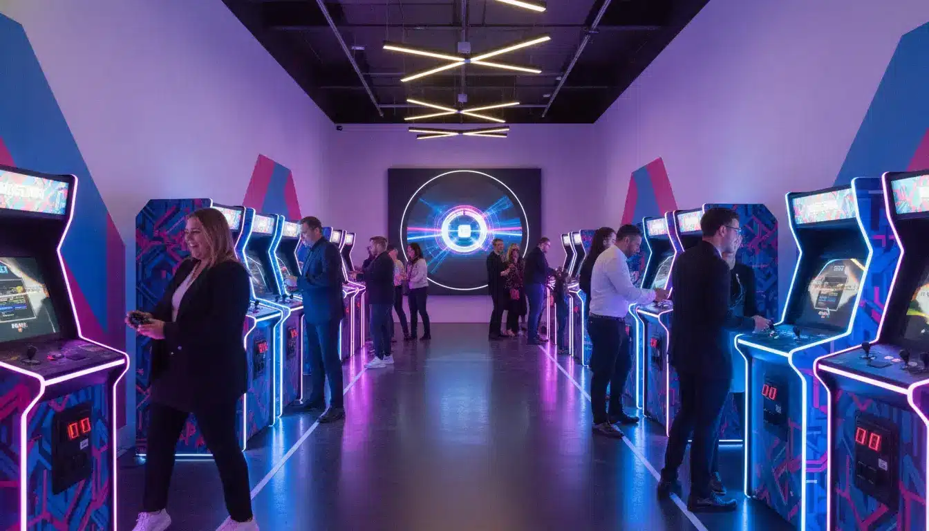 People playing retro arcade games in a neon-lit gaming room with digital artwork on walls