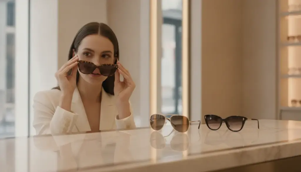 Woman in white blazer trying on sunglasses in stylish eyewear store with marble counter