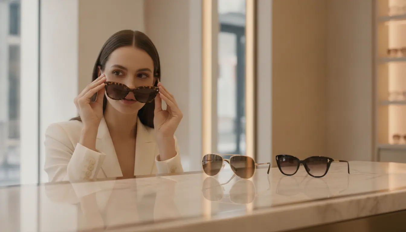 Woman in white blazer trying on sunglasses in stylish eyewear store with marble counter
