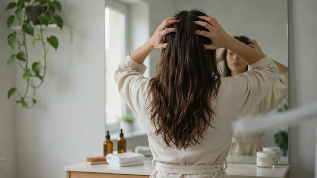 A woman massaging her hair with a comb in front of a mirror, concentrating on her hairs.