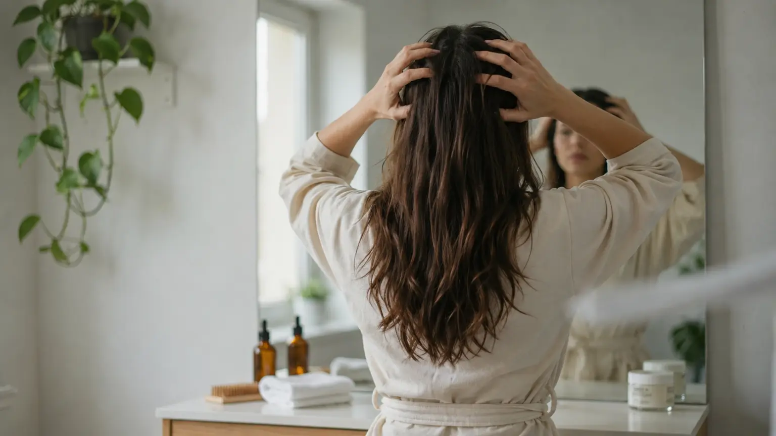 A woman massaging her hair with a comb in front of a mirror, concentrating on her hairs.