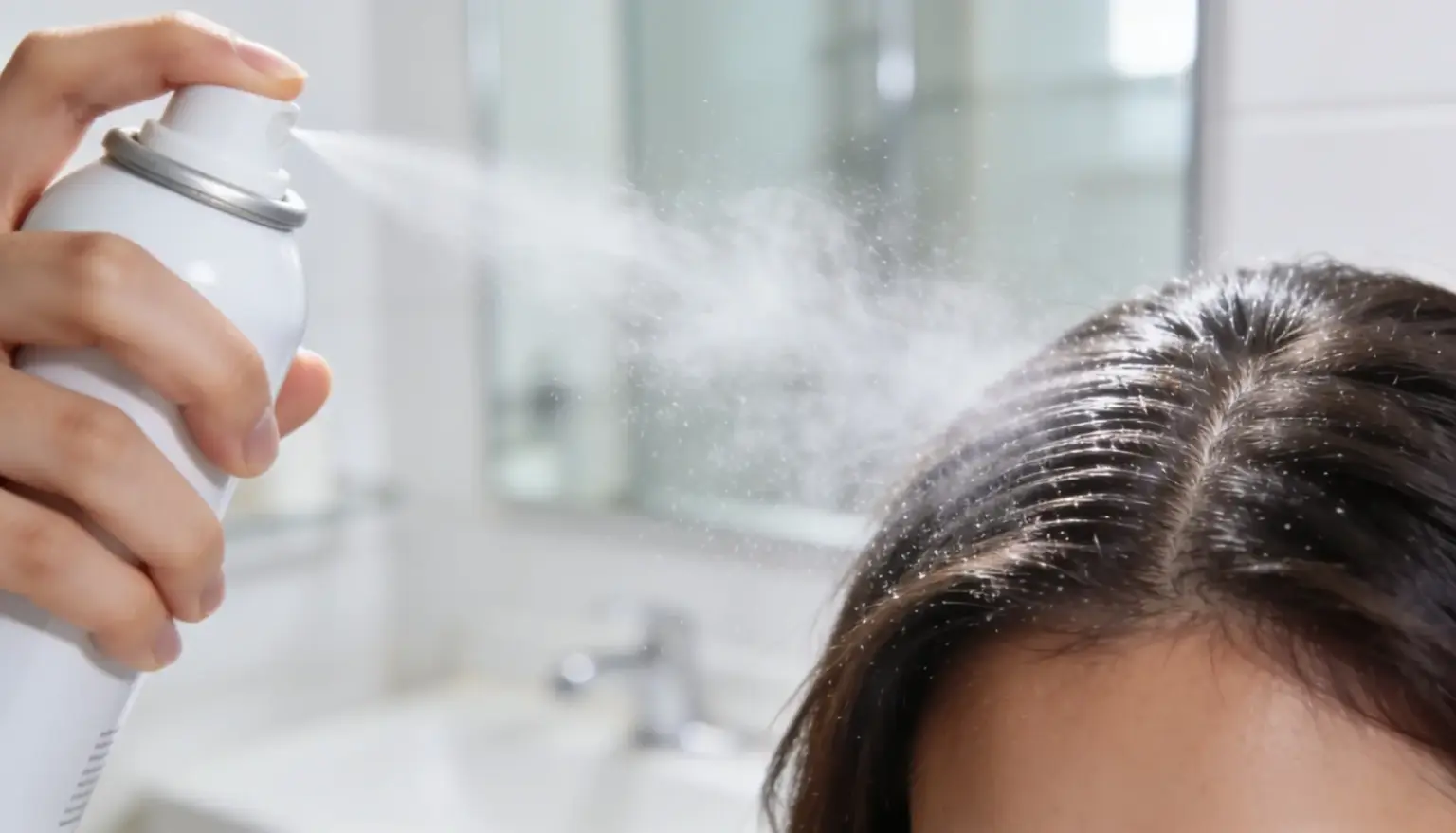 Person spraying dry shampoo onto hair roots to absorb oil and refresh hair between washes