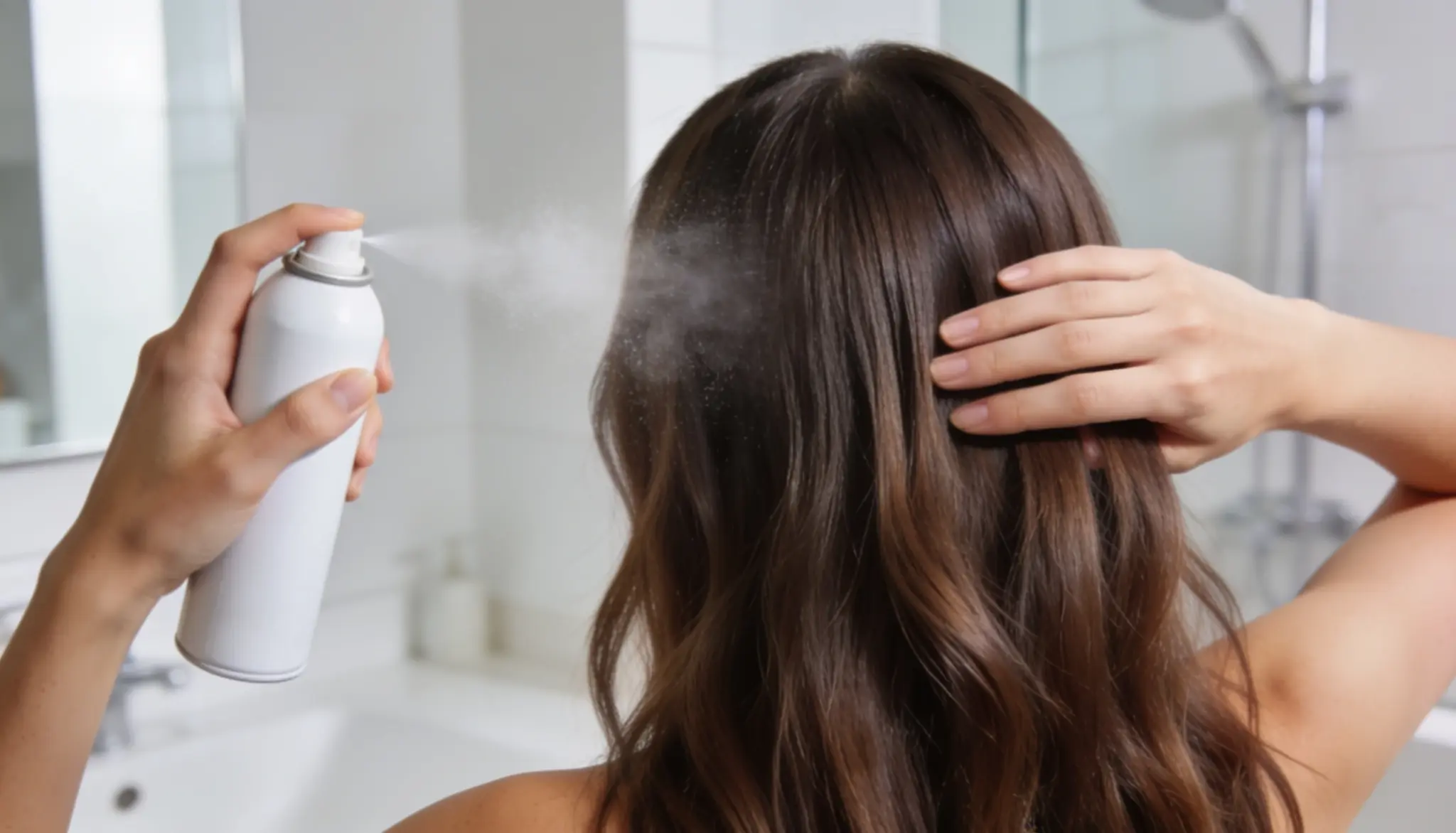 Applying dry shampoo to the hair roots to absorb oil and refresh hair between washes