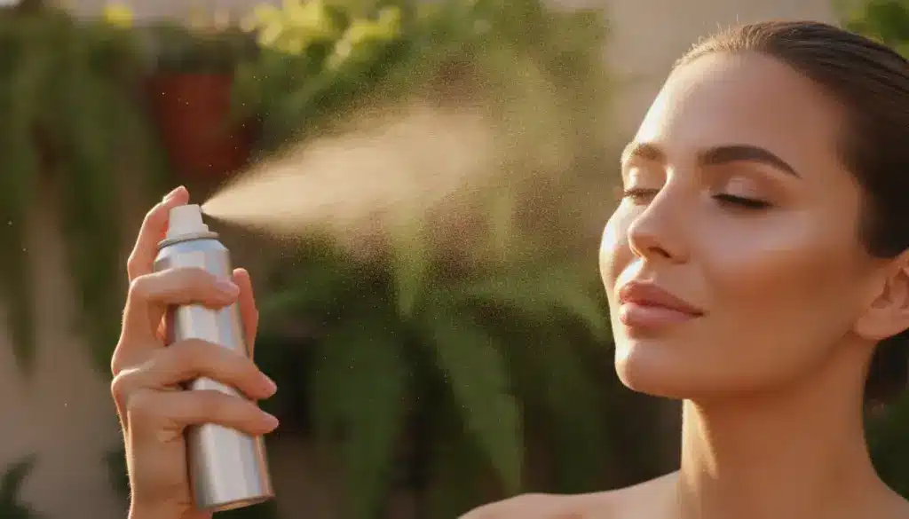 Person using facial spray bottle outdoors with sunlight illuminating mist droplets