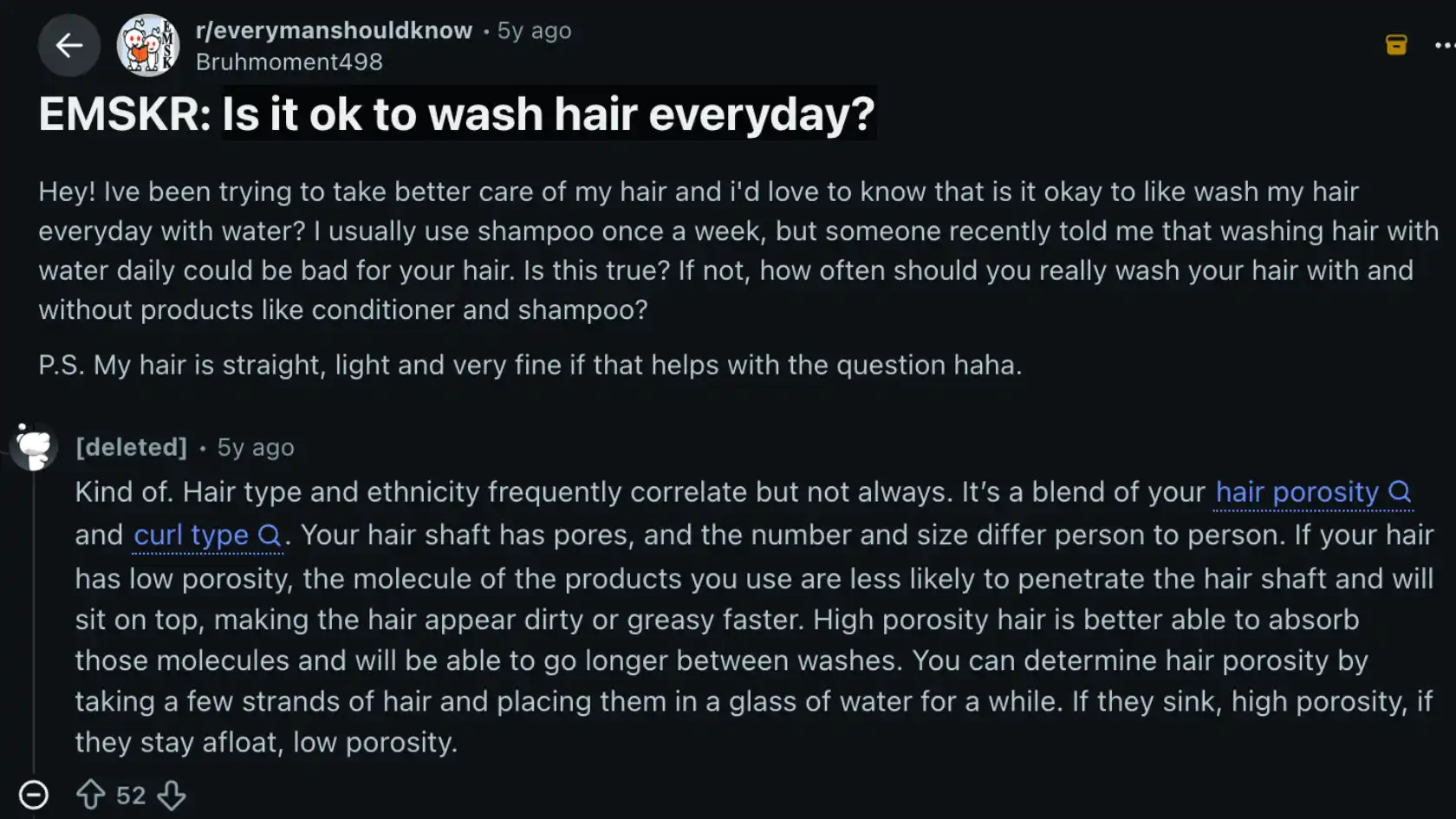 is it ok to wash hair everyday reddit discussion showing user question and community replies about hair care