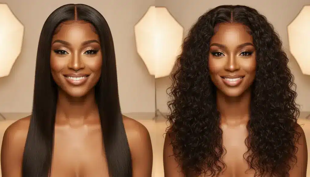 Smiling woman with straight and curly hairstyles in a studio setting with soft lighting