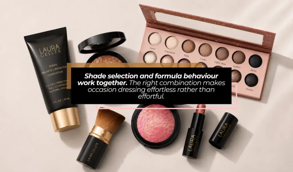 Makeup products including foundation, eyeshadow palette, blush, and brushes on a light surface