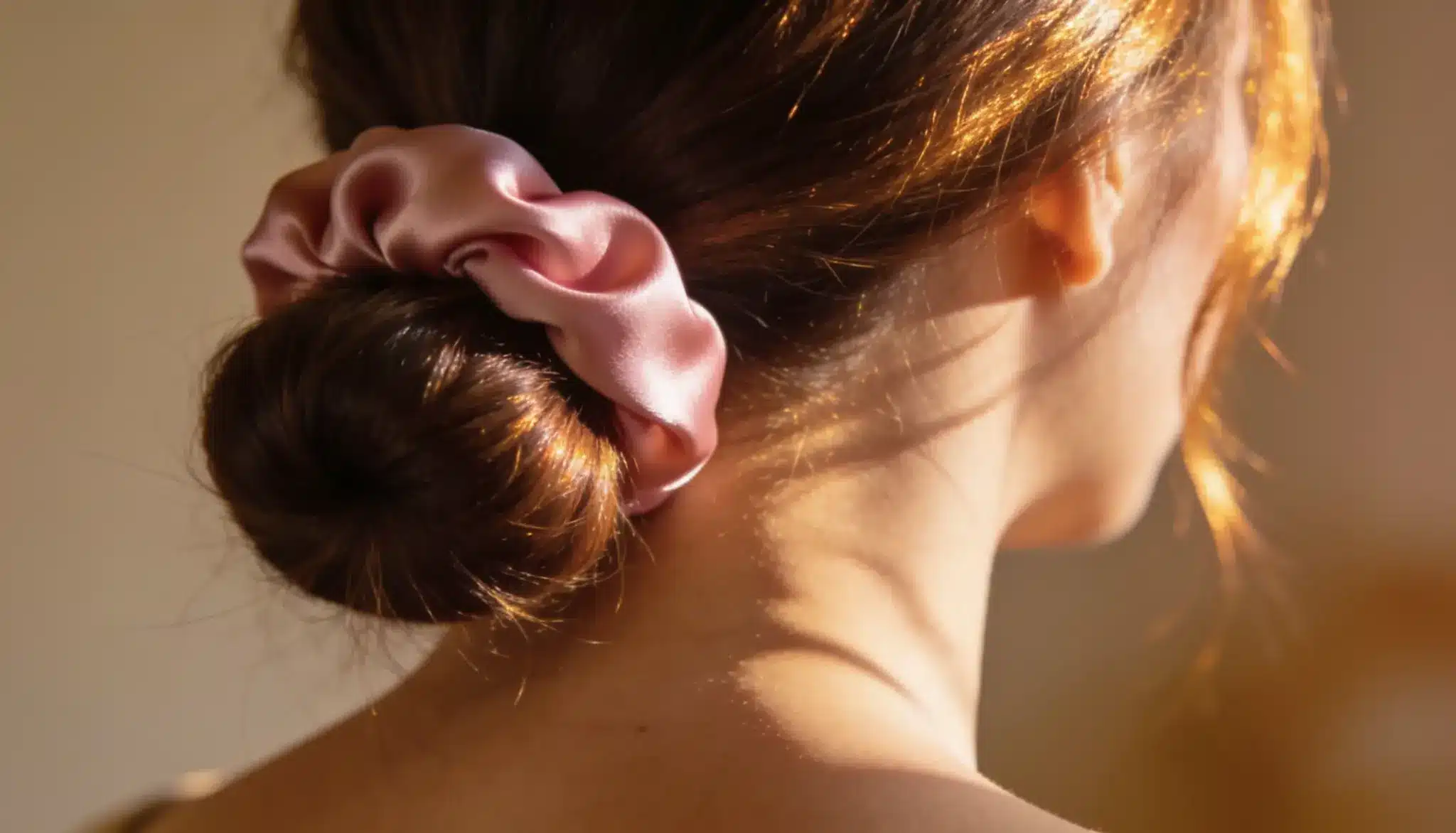 Back view of long brown hair in a soft low ponytail secured with a wide fabric elastic at the nape of the neck.