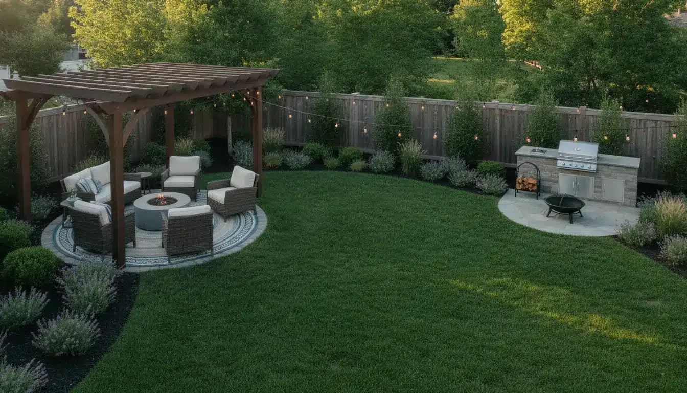 Outdoor patio with wicker chairs under pergola, fire pit, string lights, and built-in barbecue grill