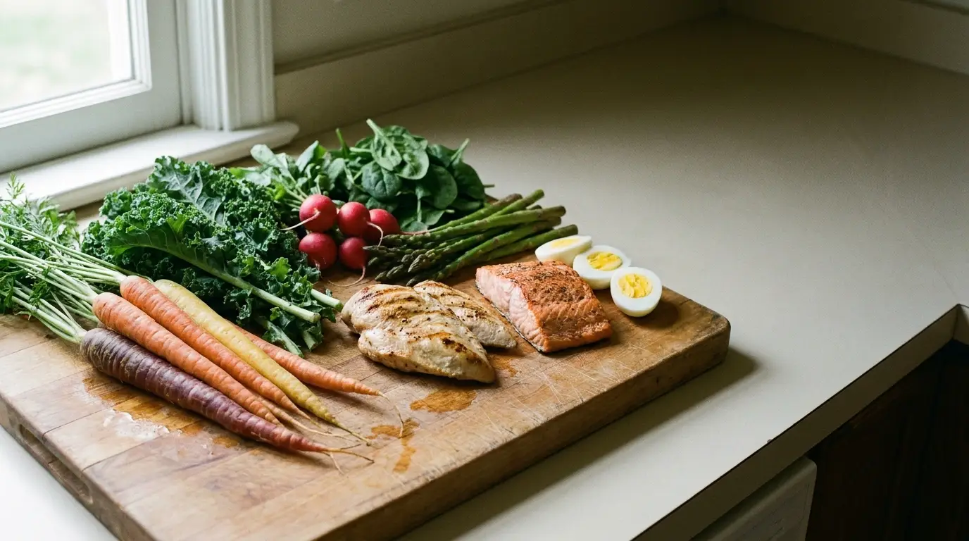 Assorted fresh vegetables, grilled chicken, and salmon on a wooden cutting board near window