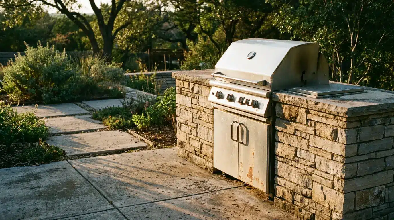 Stone outdoor grill on patio surrounded by greenery in natural setting