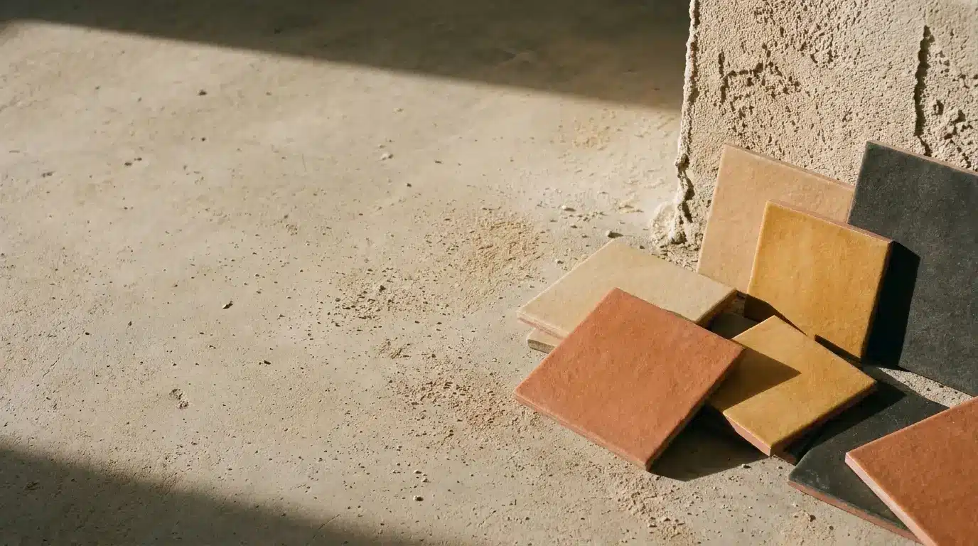 Terracotta and beige tiles arranged on textured concrete floor with sunlight casting shadows