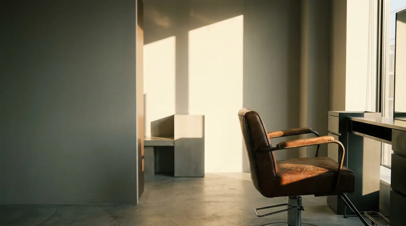 Brown leather salon chair in sunlit minimalist space with concrete accents