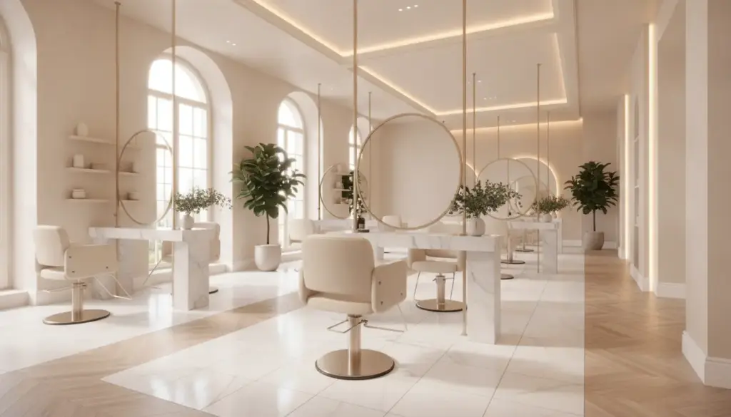 Modern salon interior with marble tables, beige chairs, large mirrors, and indoor plants in natural light