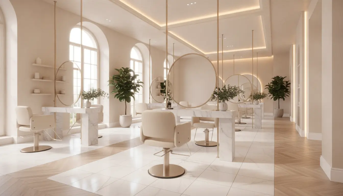 Modern salon interior with marble tables, beige chairs, large mirrors, and indoor plants in natural light