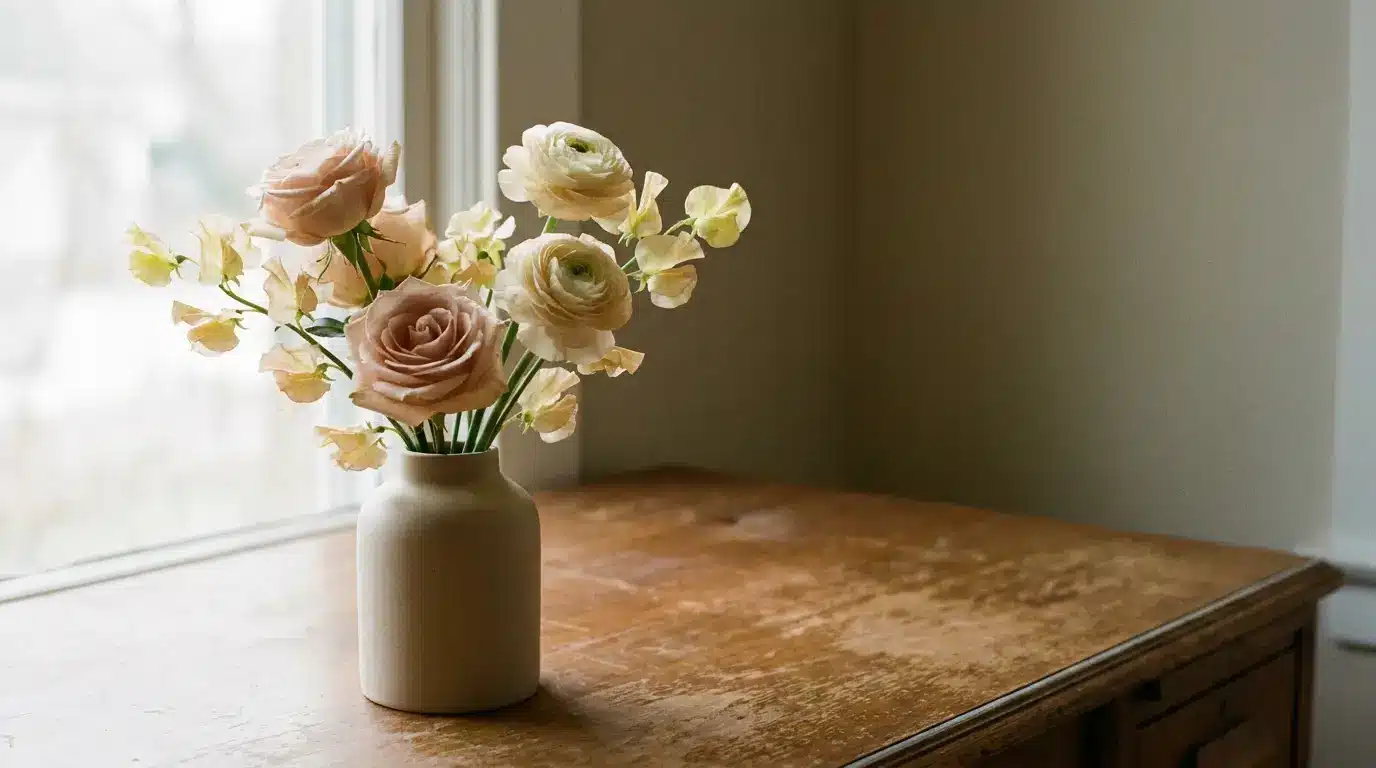 Soft pink and white flowers in a ceramic vase on wooden table by window