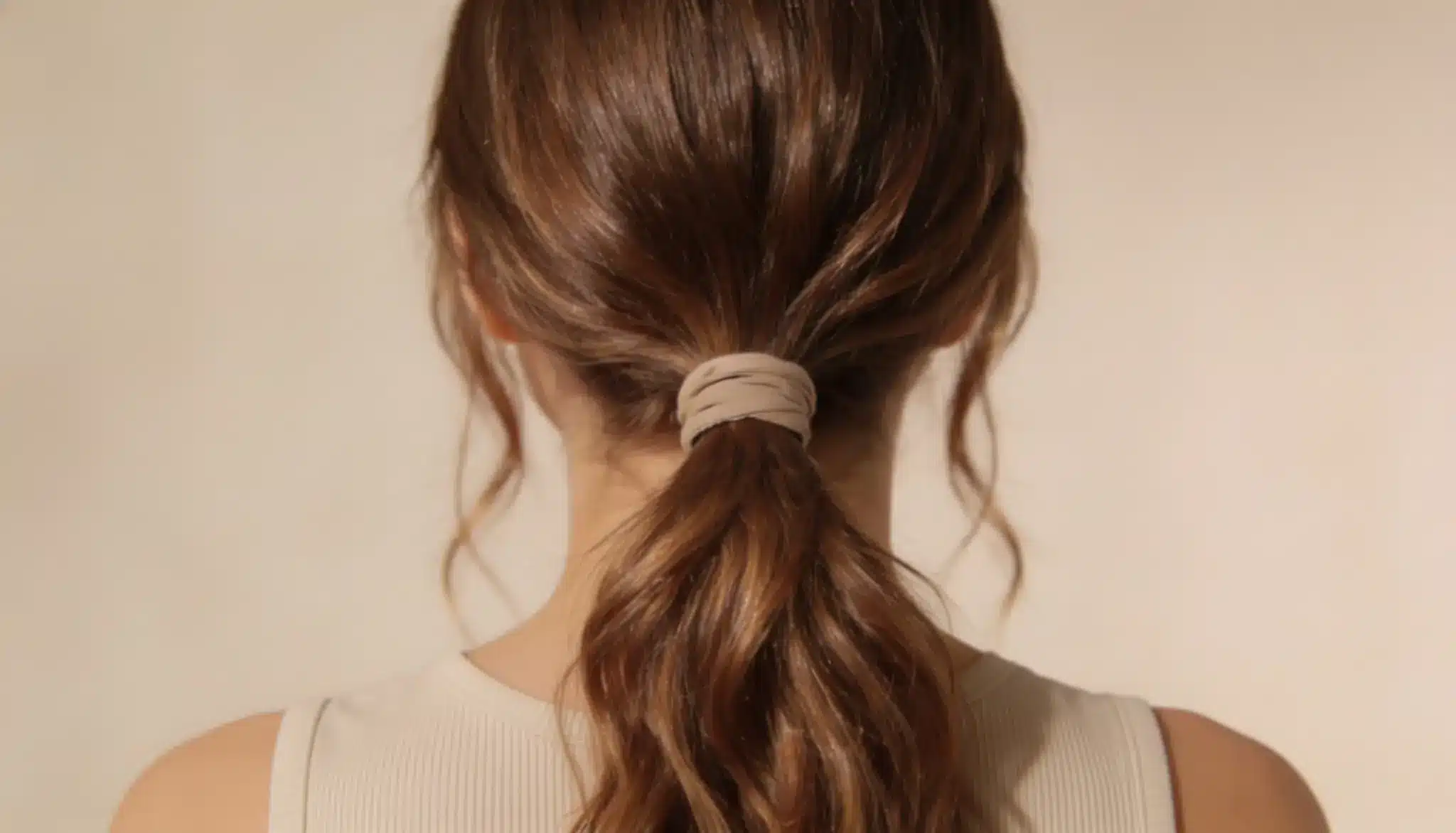 Back view of long brown hair in a soft low ponytail secured with a wide fabric elastic at the nape of the neck.