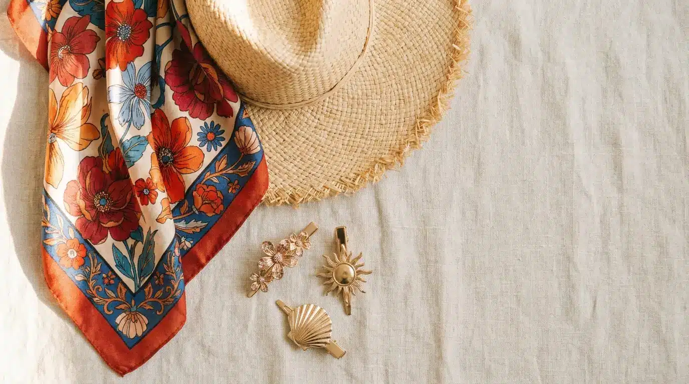 Woven straw hat with a floral scarf and gold hair clips on linen fabric