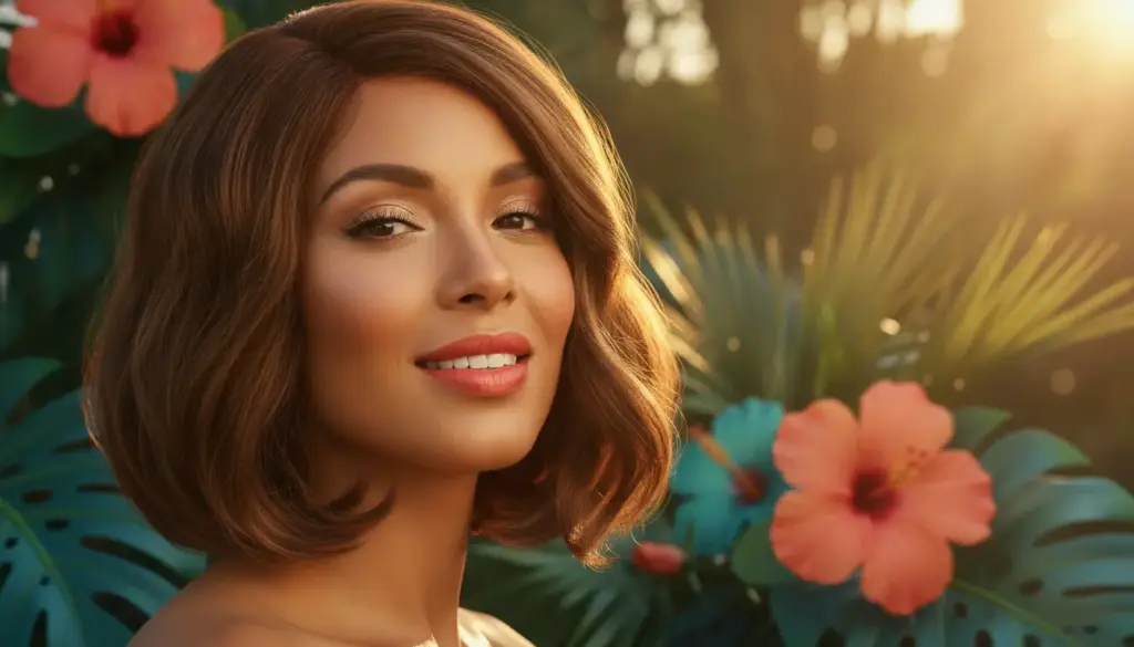 Woman smiling outdoors with hibiscus flowers and tropical leaves in warm sunlight