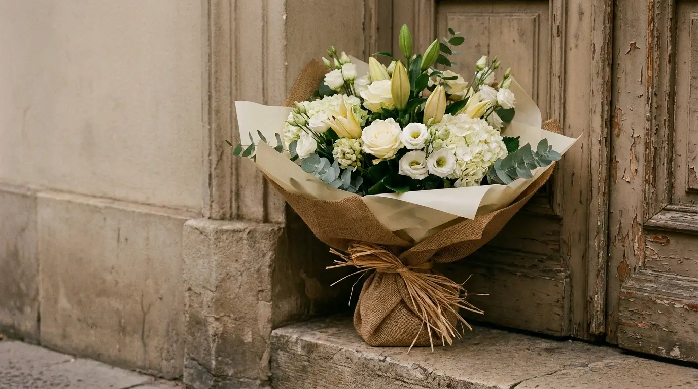 Bouquet of white flowers with green leaves wrapped in burlap near a rustic wooden door