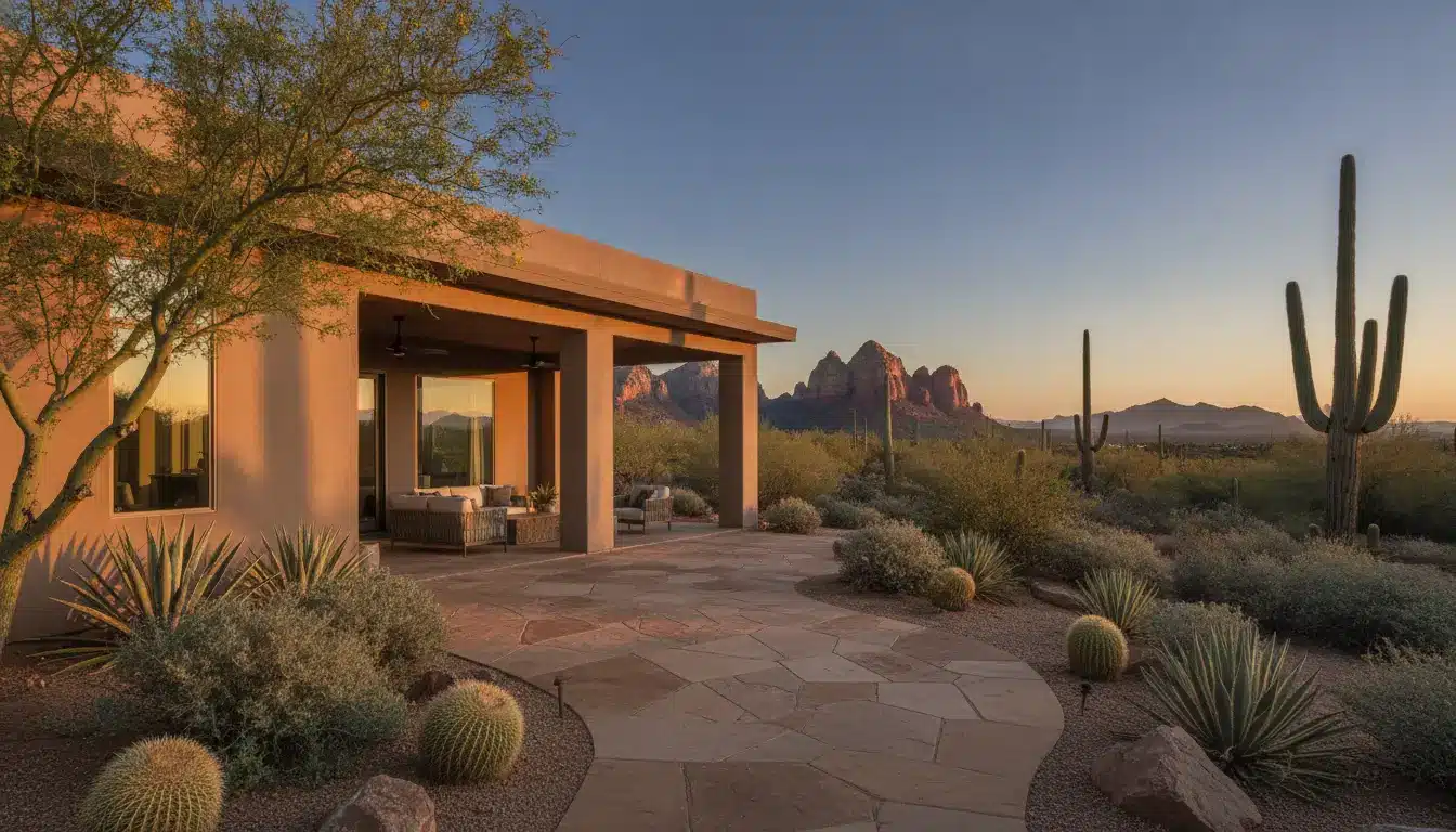 Desert patio with cacti and mountains at sunset, surrounded by warm-toned landscape