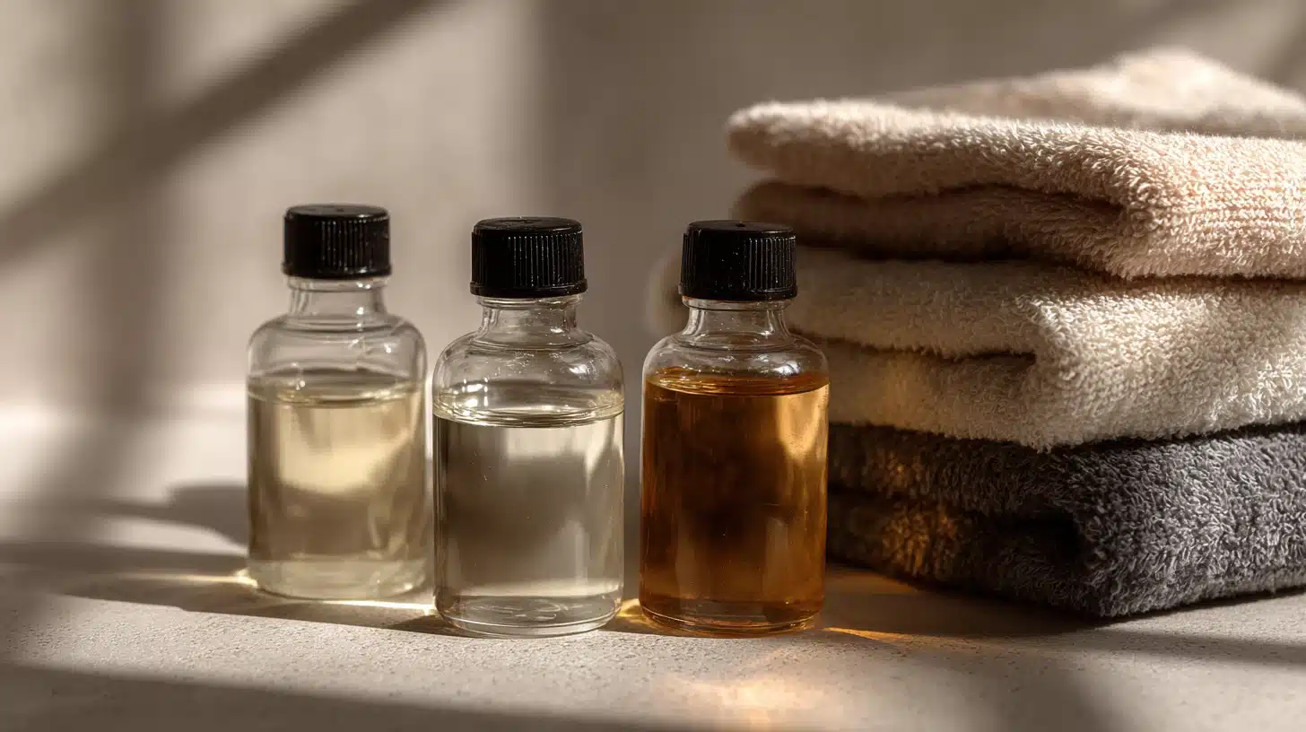 Three small glass bottles containing amber liquids sit beside a stack of soft, folded towels in warm, natural lighting.