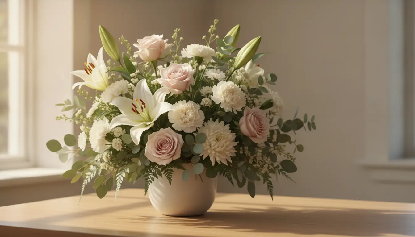 Bouquet of white lilies, pink roses, and greenery in vase on wooden table in sunlit room
