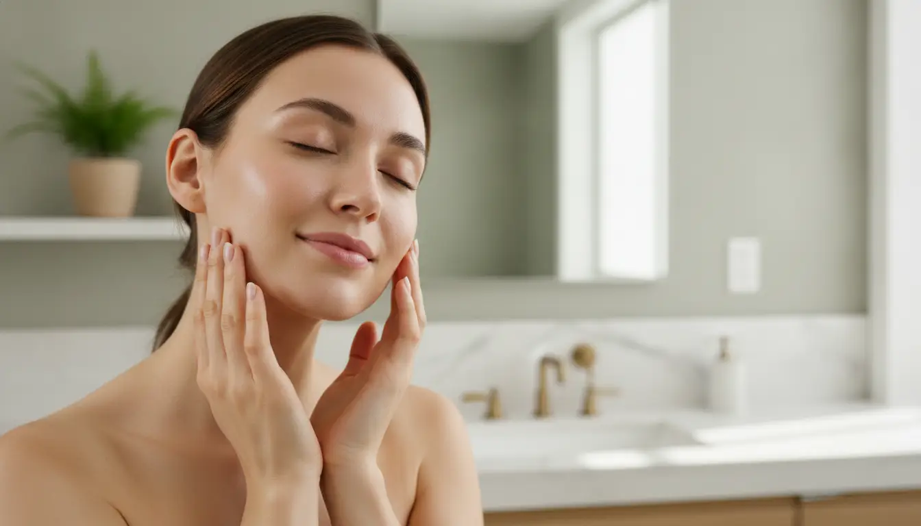 Woman with closed eyes gently touching her face in a serene bathroom setting