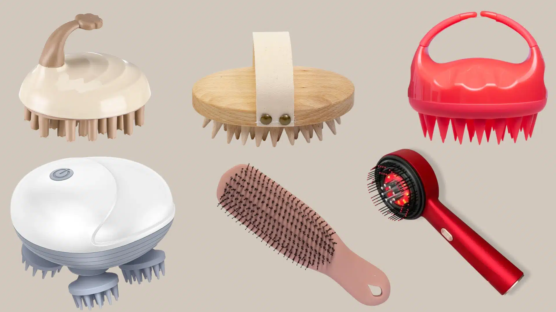 Different types of scalp massagers on a neutral background.
