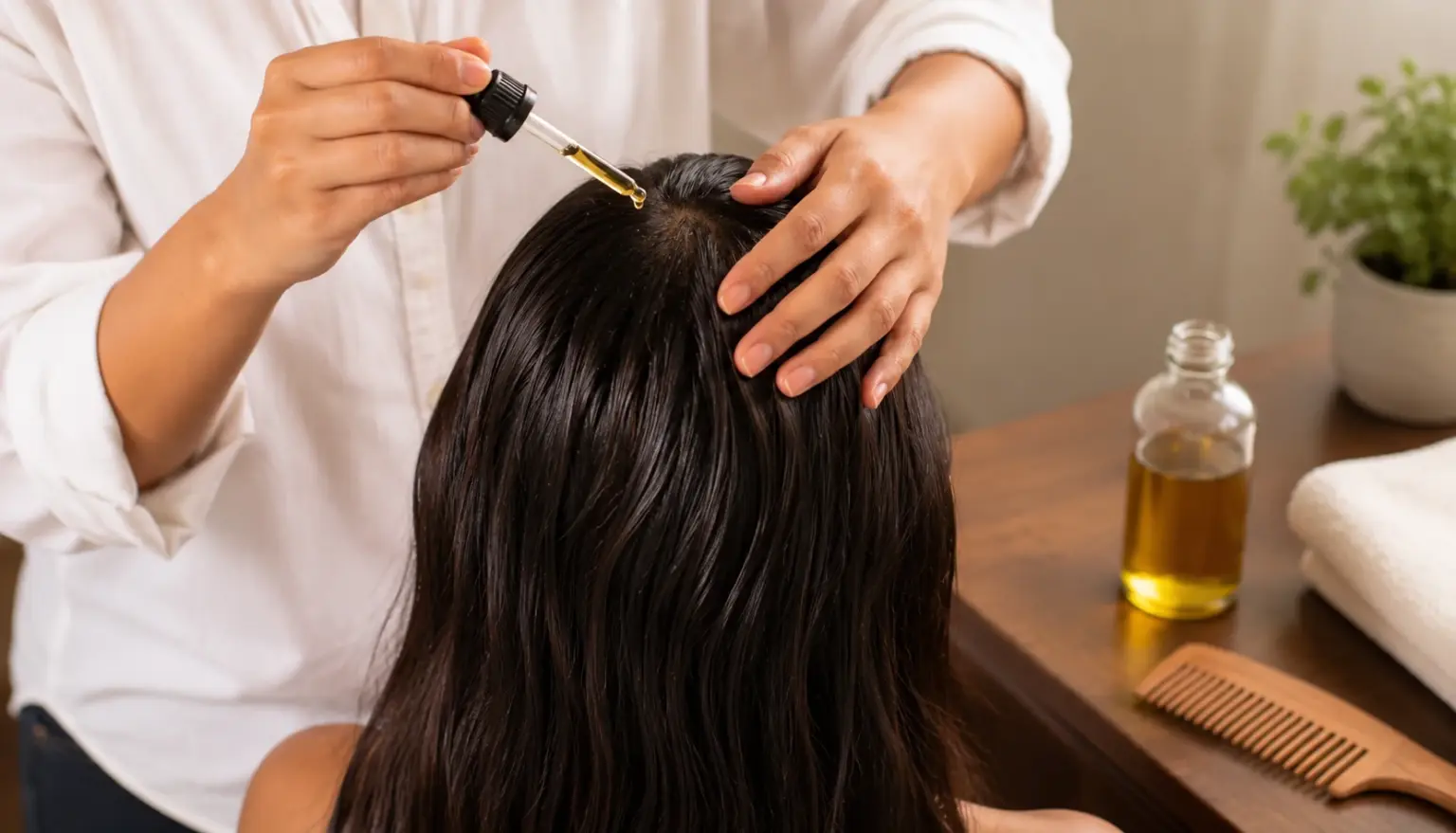 A woman sits in a chair having her hair treated with oil for a nourishing treatment.