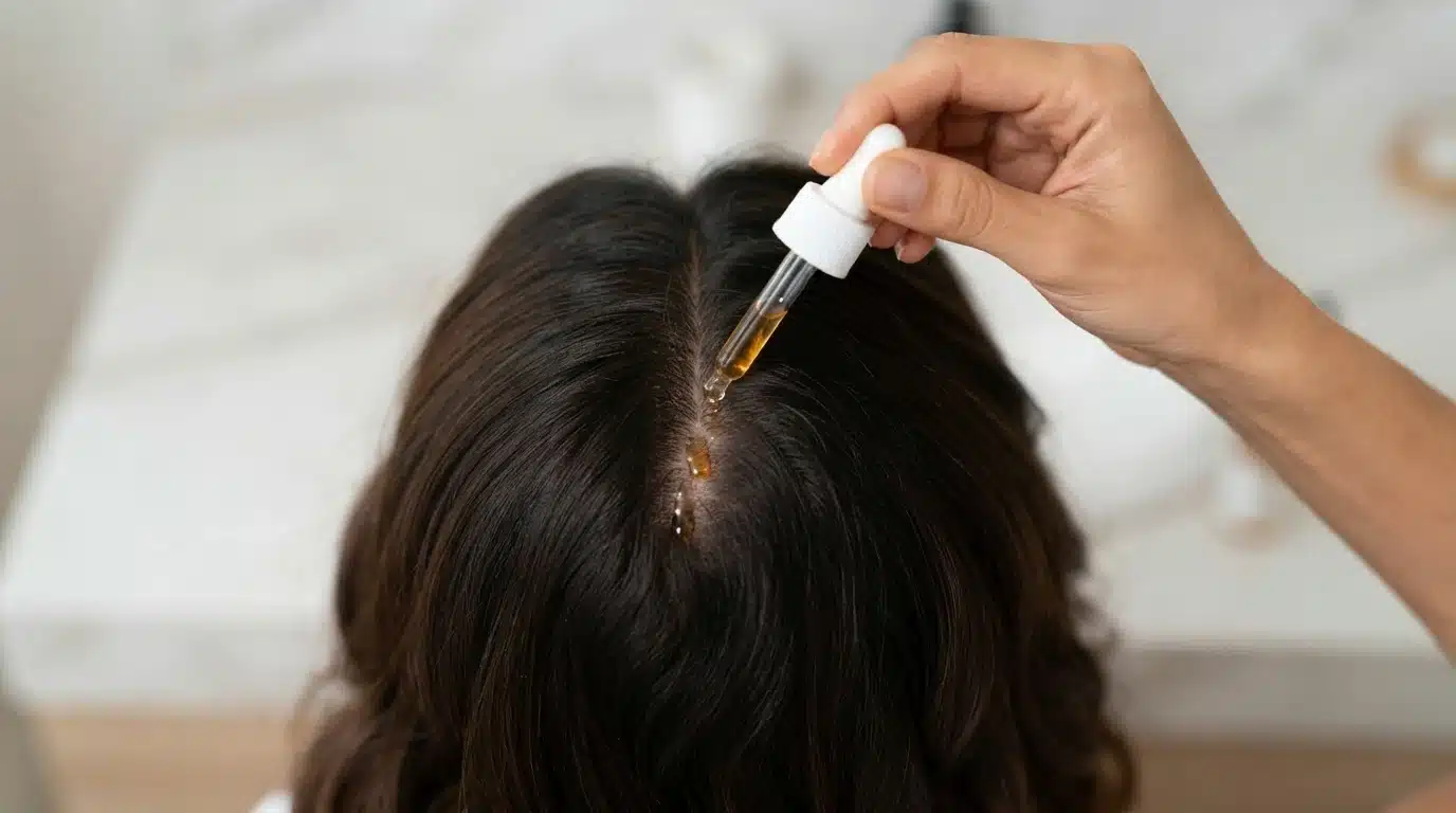 A hand holds a dropper, applying oil to the scalp of dark-haired individual.