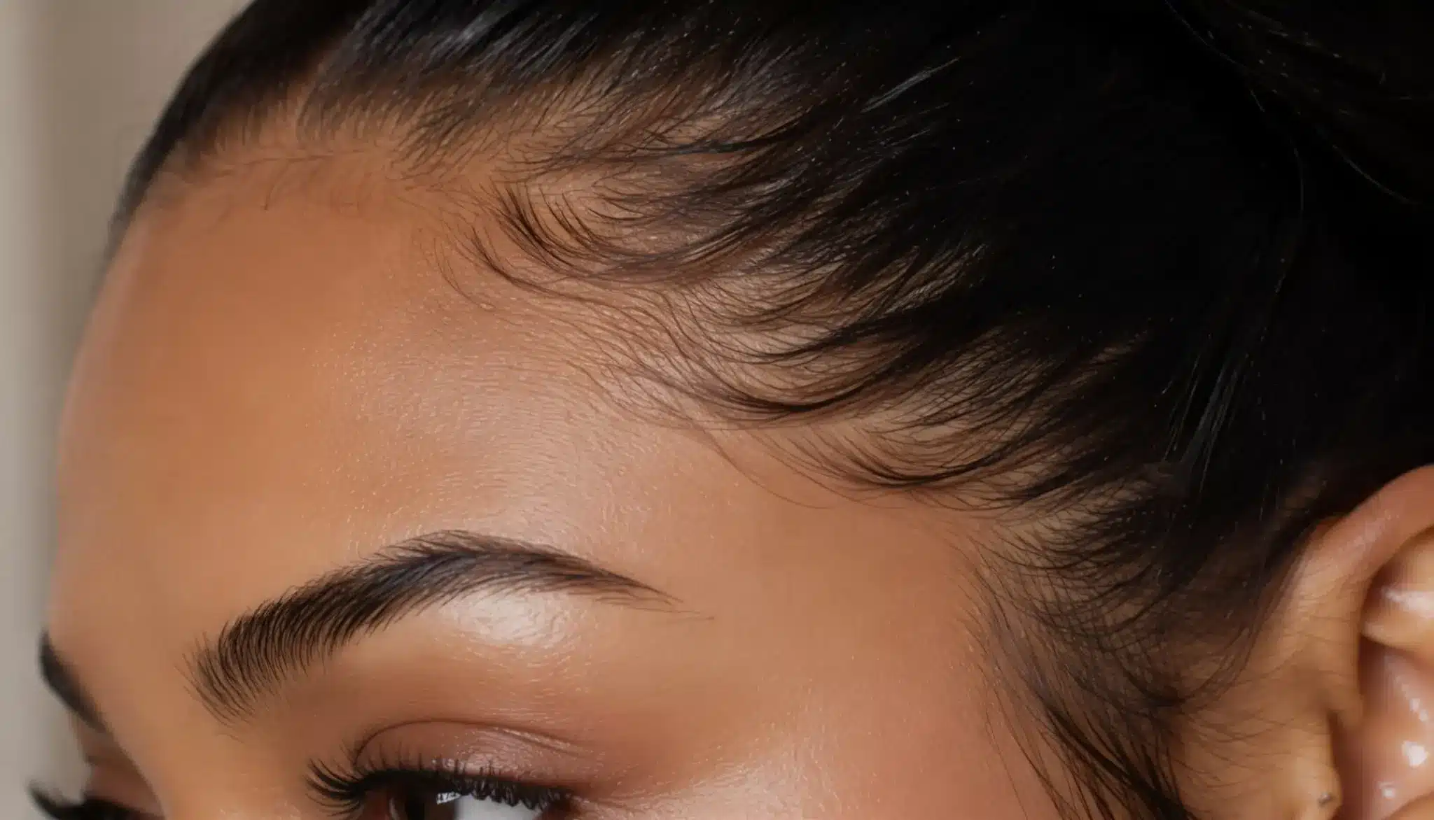 Close-up of the hairline and baby hairs along the temple, showing the delicate hairs that frame the face.
