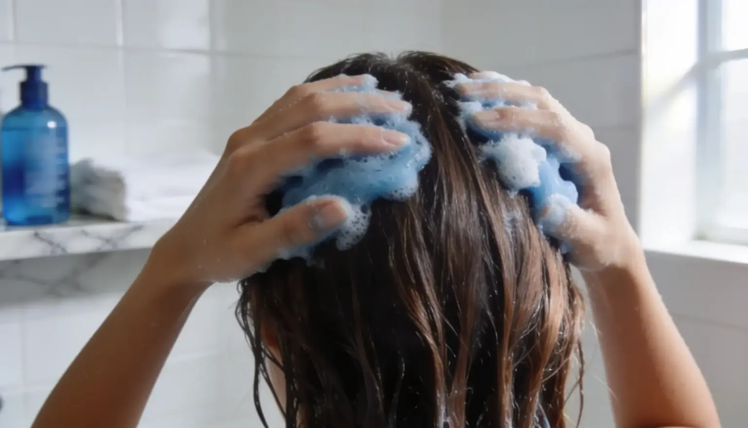 Close-up of blue shampoo being applied to dark brown hair while washing it in a home bathroom.