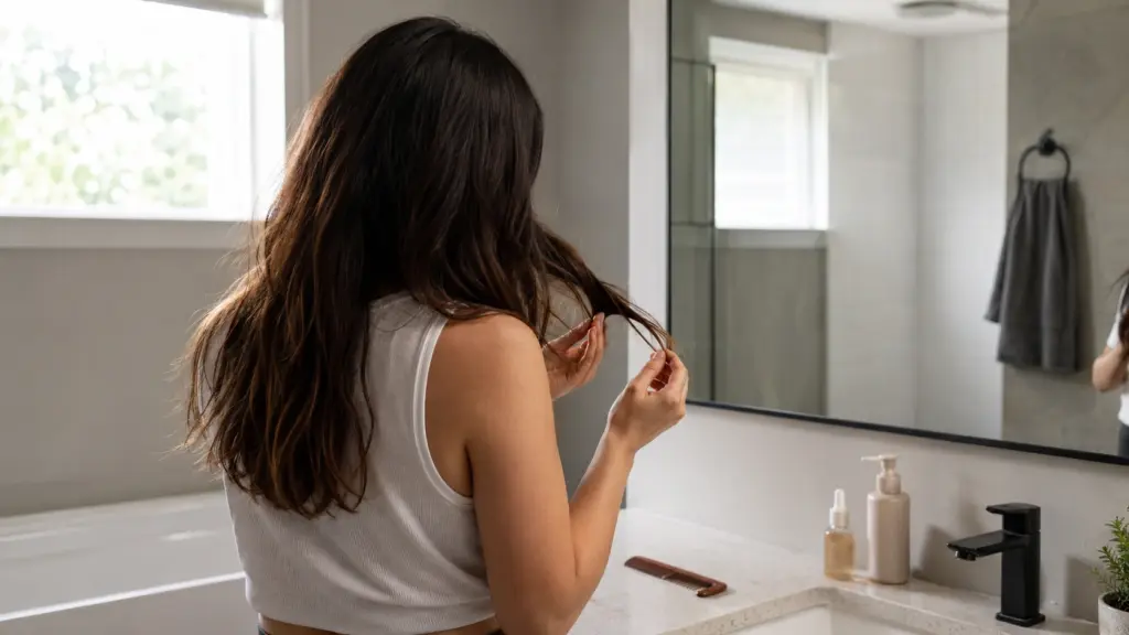A woman is seen brushing her hair in front of a mirror, highlighting her daily self-care and personal grooming habits.