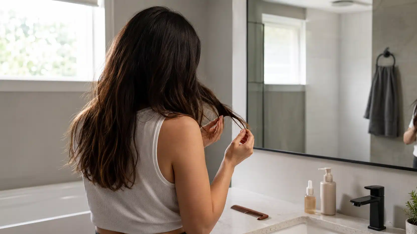 A woman is seen brushing her hair in front of a mirror, highlighting her daily self-care and personal grooming habits.