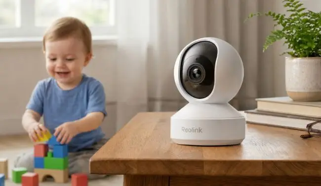 Indoor security camera on wooden table with toddler playing with colorful blocks nearby