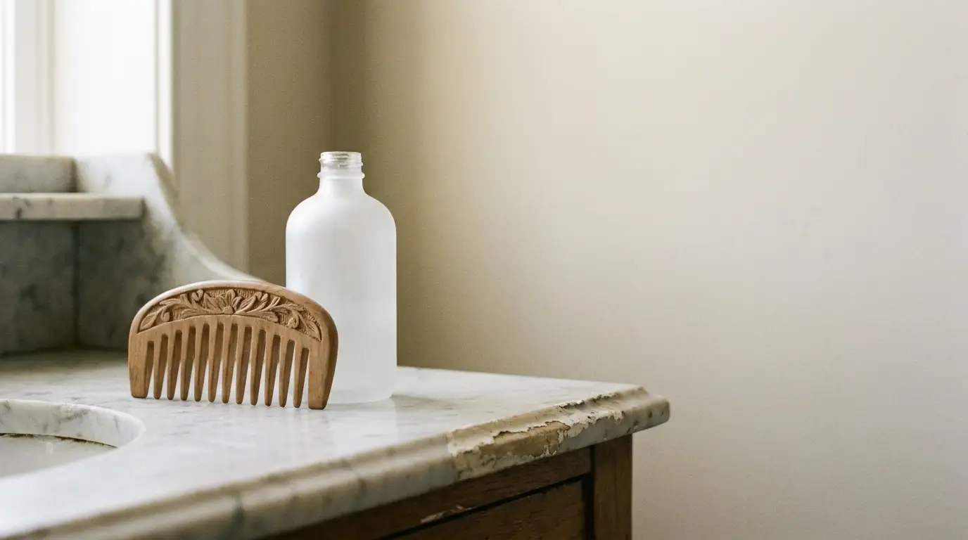 Wooden hair comb and frosted glass bottle on a worn marble countertop